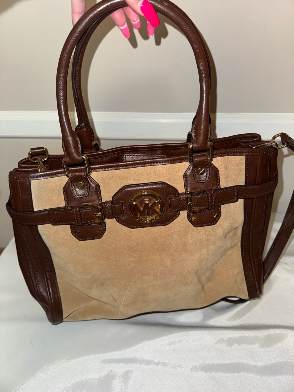 Michael Kors Brown Leather & Tan Suede Satchel with Gold MK Accent